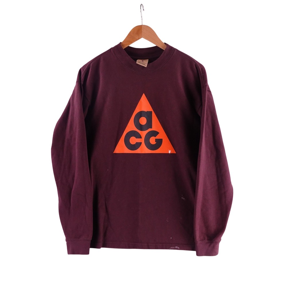 Nike ACG Mens Long Sleeve Graphic T-Shirt Maroon Burgundy Orange Logo Medium